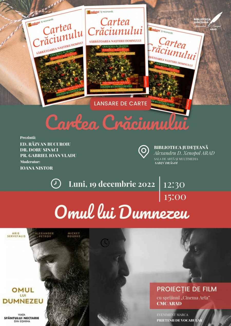 Dublu eveniment cultural la Biblioteca arădeană: „Cartea Crăciunului” și filmul „Omul lui Dumnezeu”