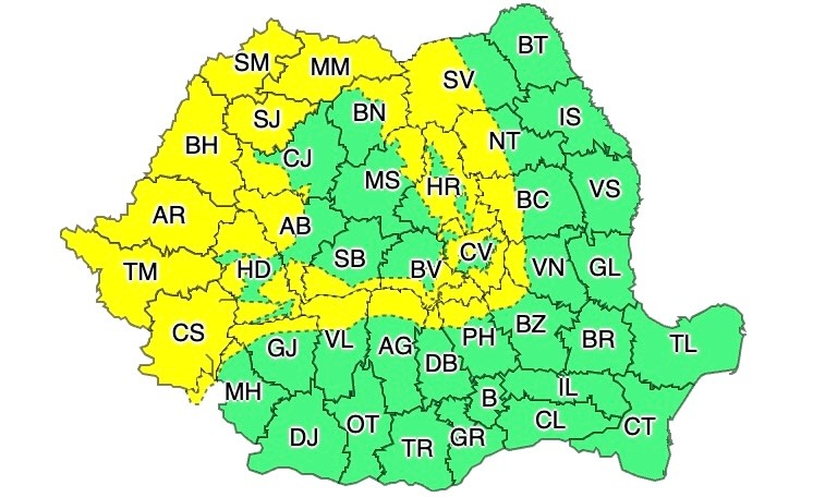 ANM: Cod galben de ploi torențiale și vijelii - rafale de până la 100 km/h. HARTA cu cele mai afectate zone