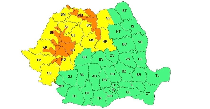 Cod PORTOCALIU de ploi în anumite zone din județ