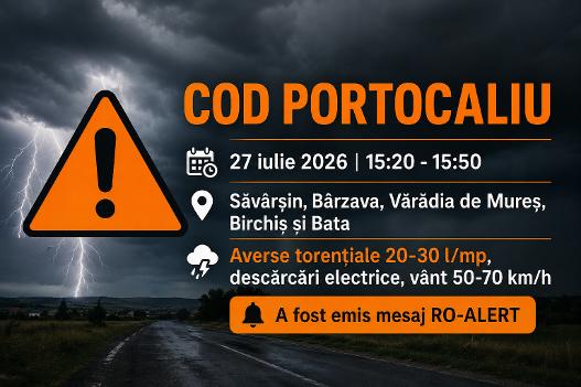 Cod portocaliu de furtuni în vestul județului Arad. A fost emis mesaj RO-ALERT